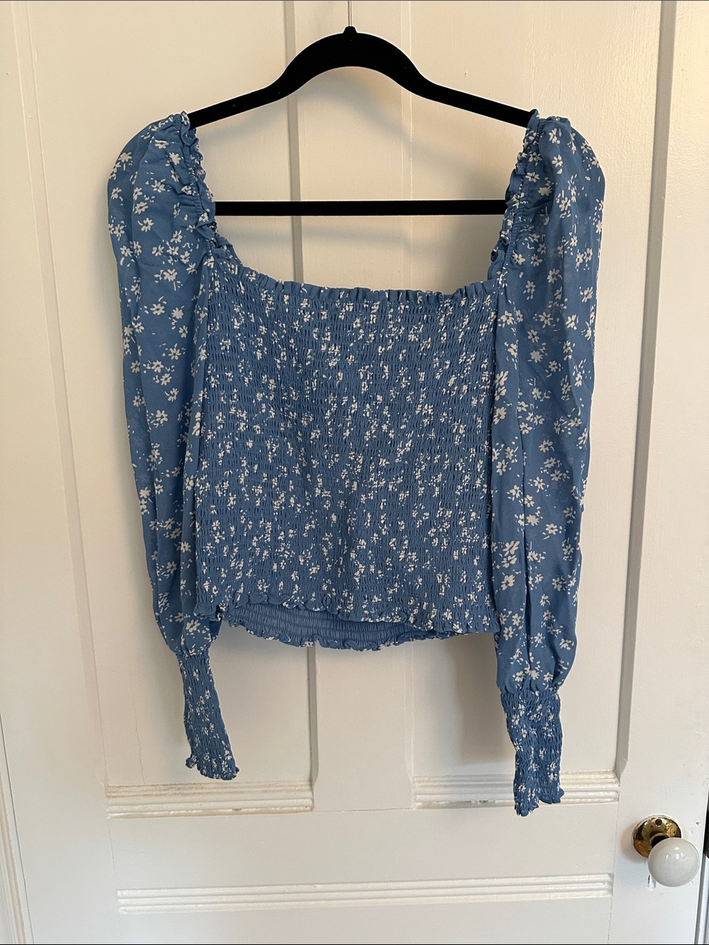 Reformation Blue Floral Smocked Long-Sleeve Women's Top medium